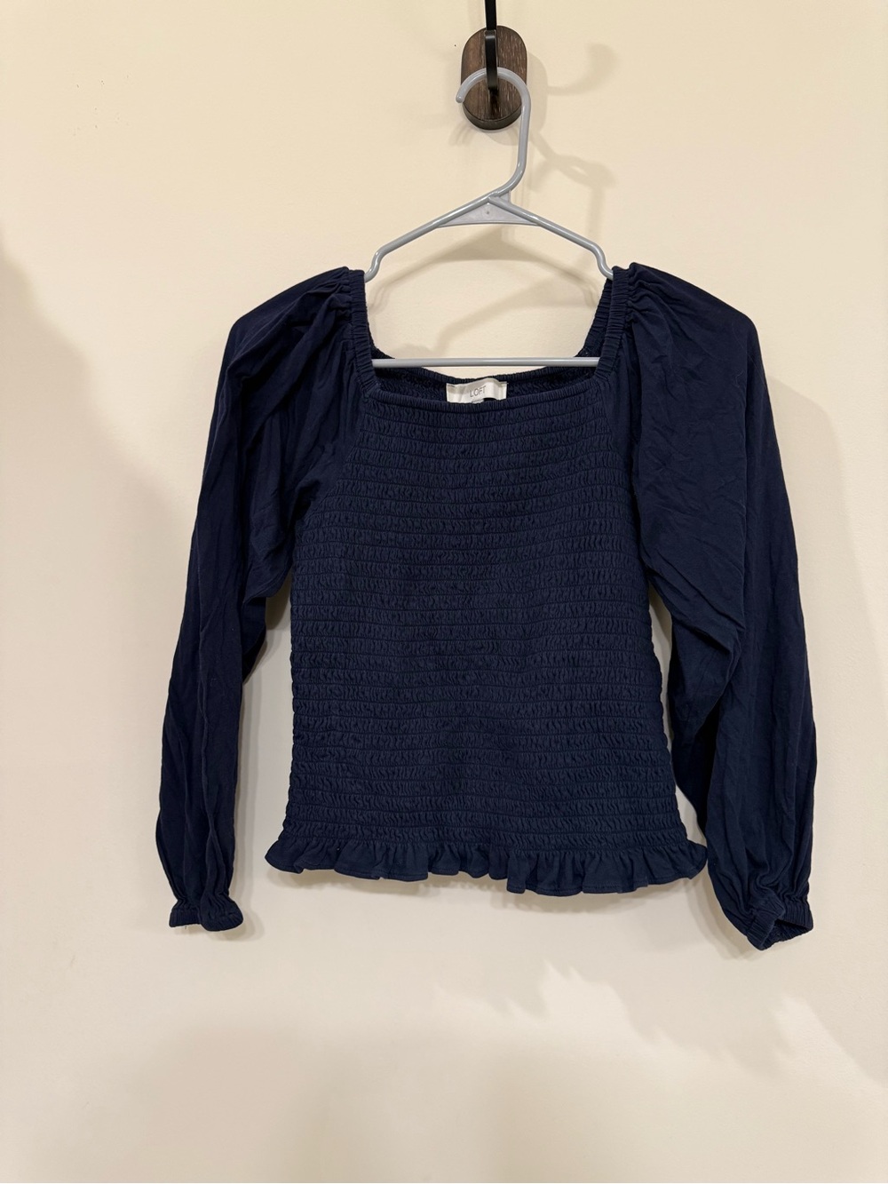 LOFT Navy Smocked Square-Neck Long-Sleeve Top